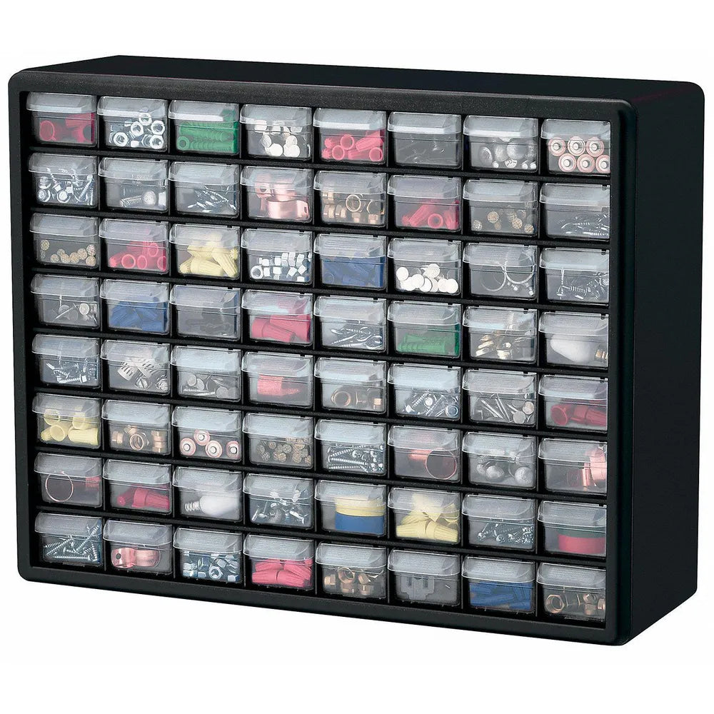 Akro-Mils Polystyrene Drawer Bin Cabinet, 64 Drawers, Black