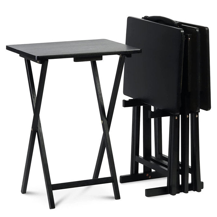 Black Folding TV Tray Tables with Compact Storage Rack, 5 Piece Set