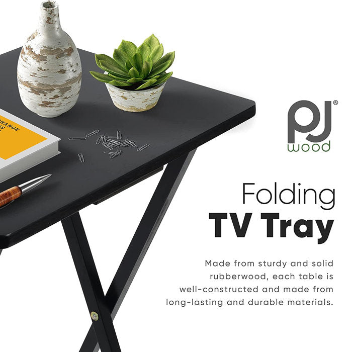 Black Folding TV Tray Tables with Compact Storage Rack, 5 Piece Set