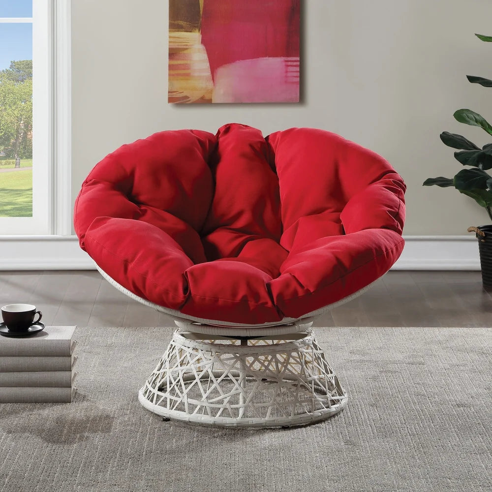 Papasan Chair with Round Pillow Cushion and Cream Wicker Weave - Red