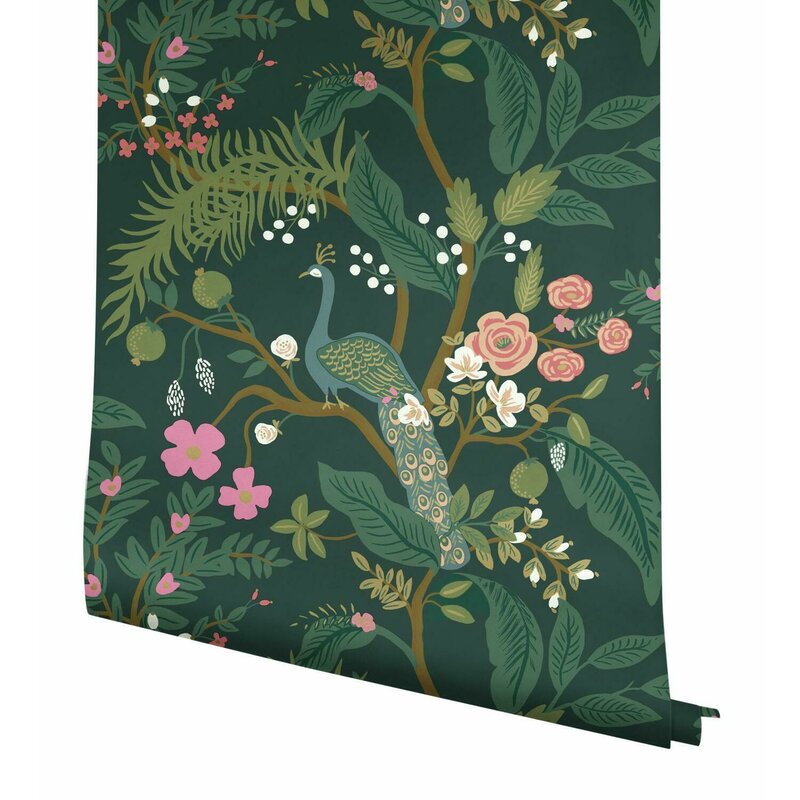 Dark Green/Pink Peacock Wallpaper Roll (Set of 2)