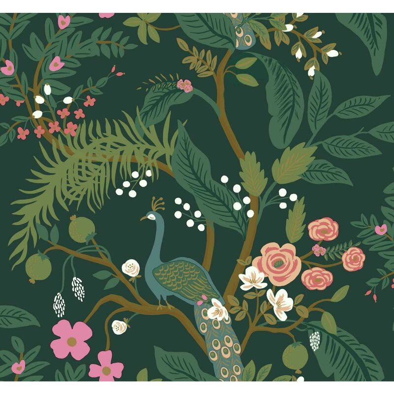 Dark Green/Pink Peacock Wallpaper Roll (Set of 2)
