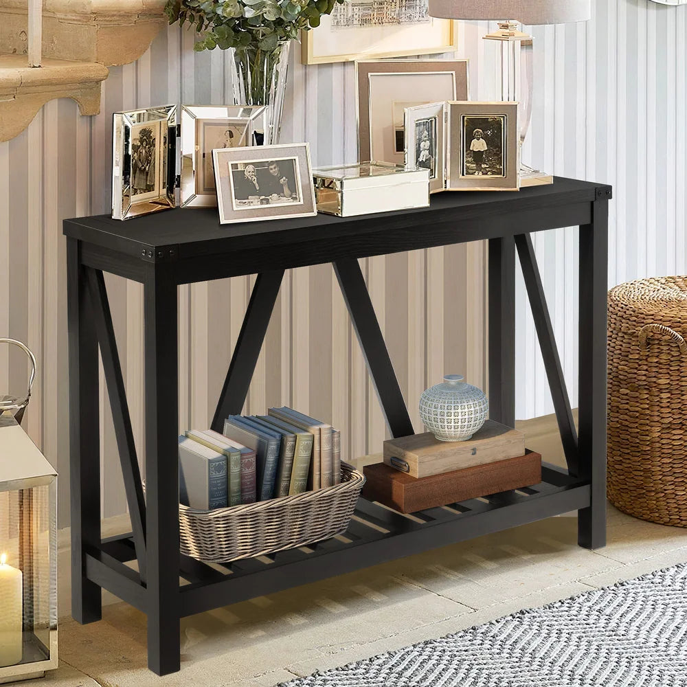 A-frame Entry Console Table Long Sofa Table with Shelf - Black