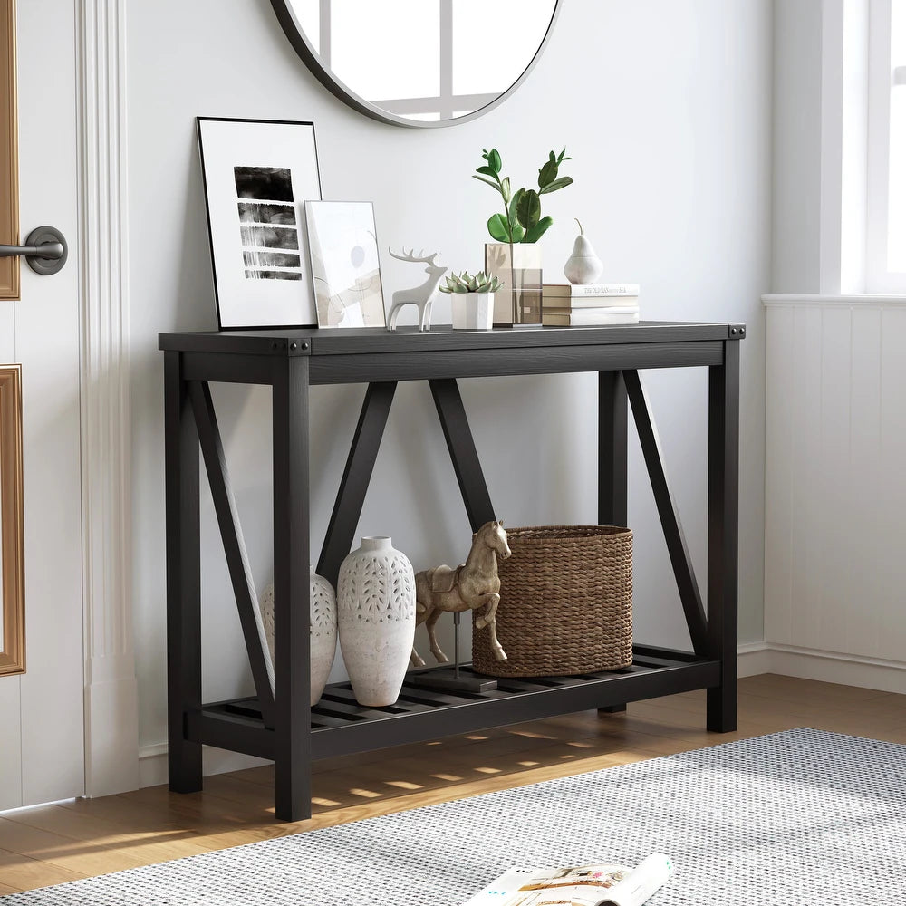 A-frame Entry Console Table Long Sofa Table with Shelf - Black