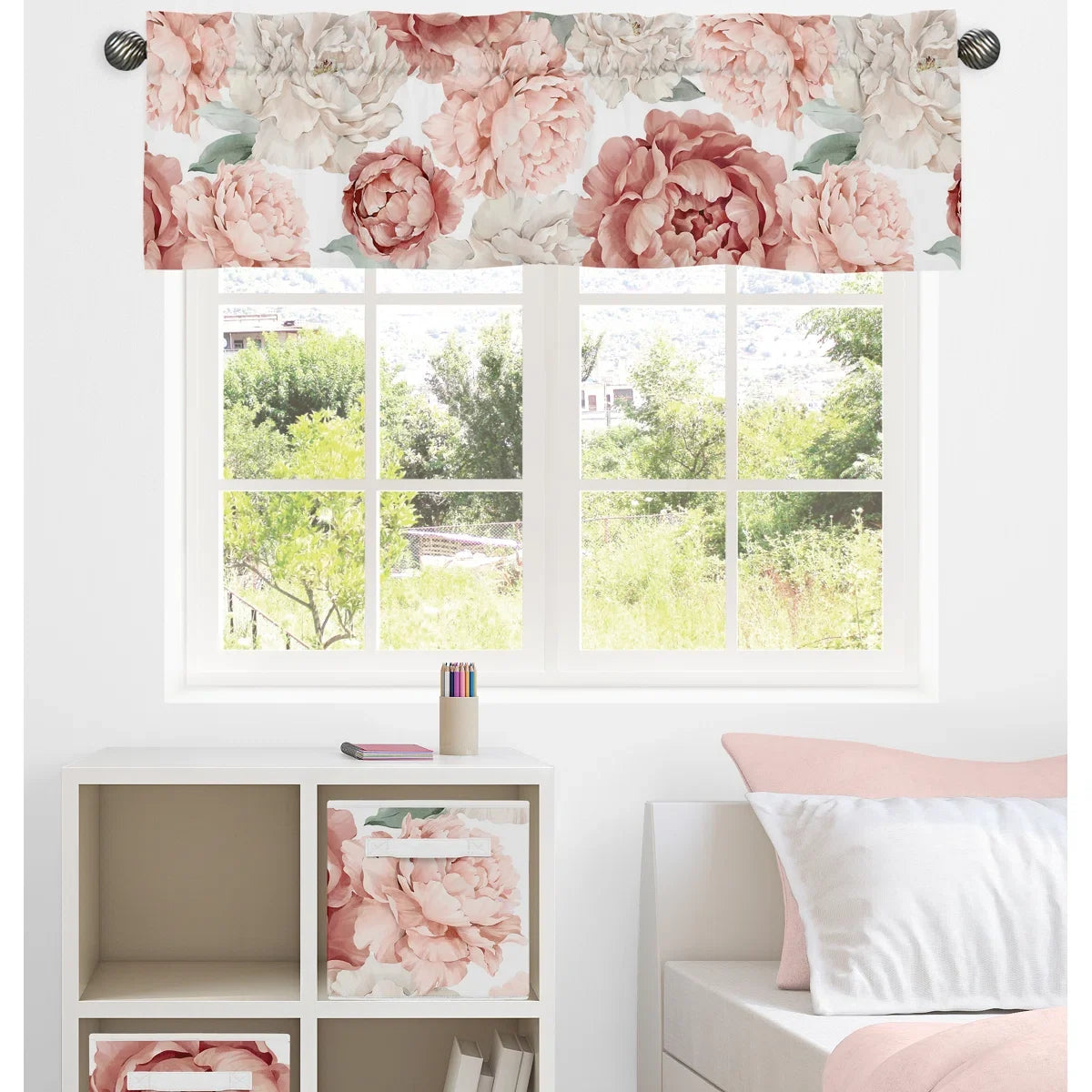 Peony Floral Garden Pink and Ivory Window Valance