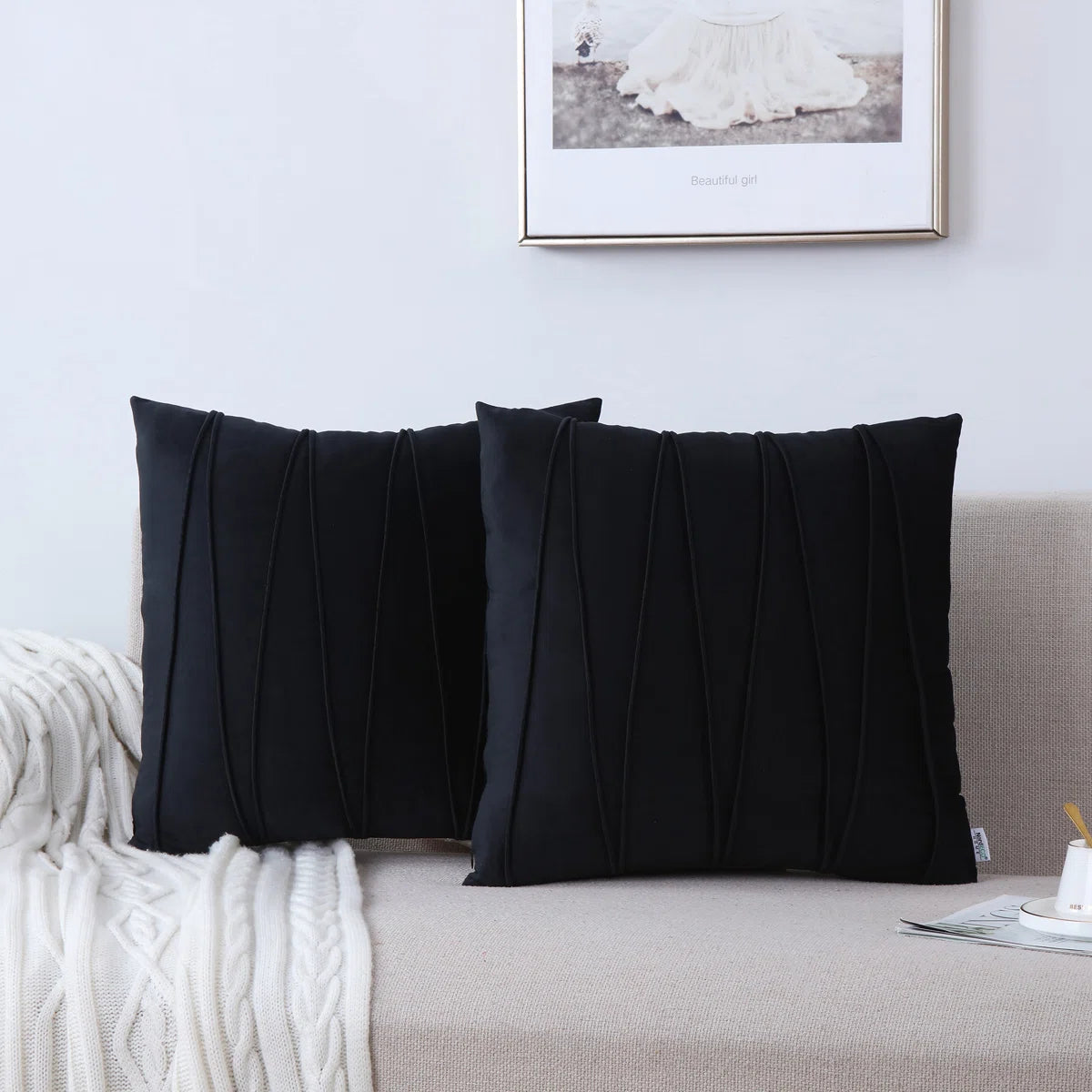 Pleated Square Polyester Velvet Pillow Cover (Set of 2)