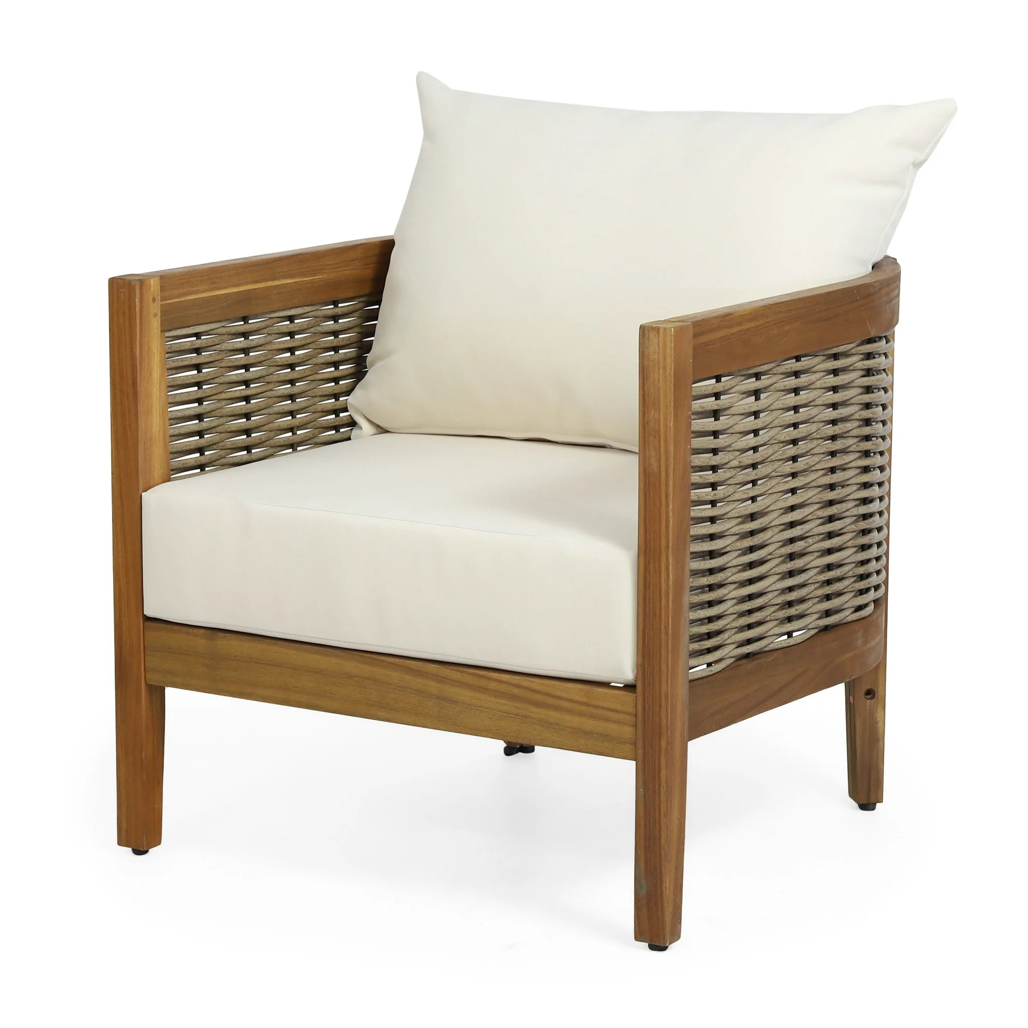 Rattler Acacia Wood and Wicker Outdoor Club Chair with Cushions, Teak, Mixed Brown, and Beige