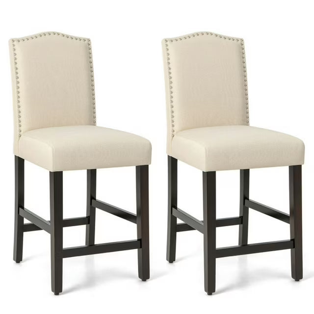2 Pcs Fabric Nail Head Counter Height Dining Side Chairs Set-Beige, Bar Height Stools