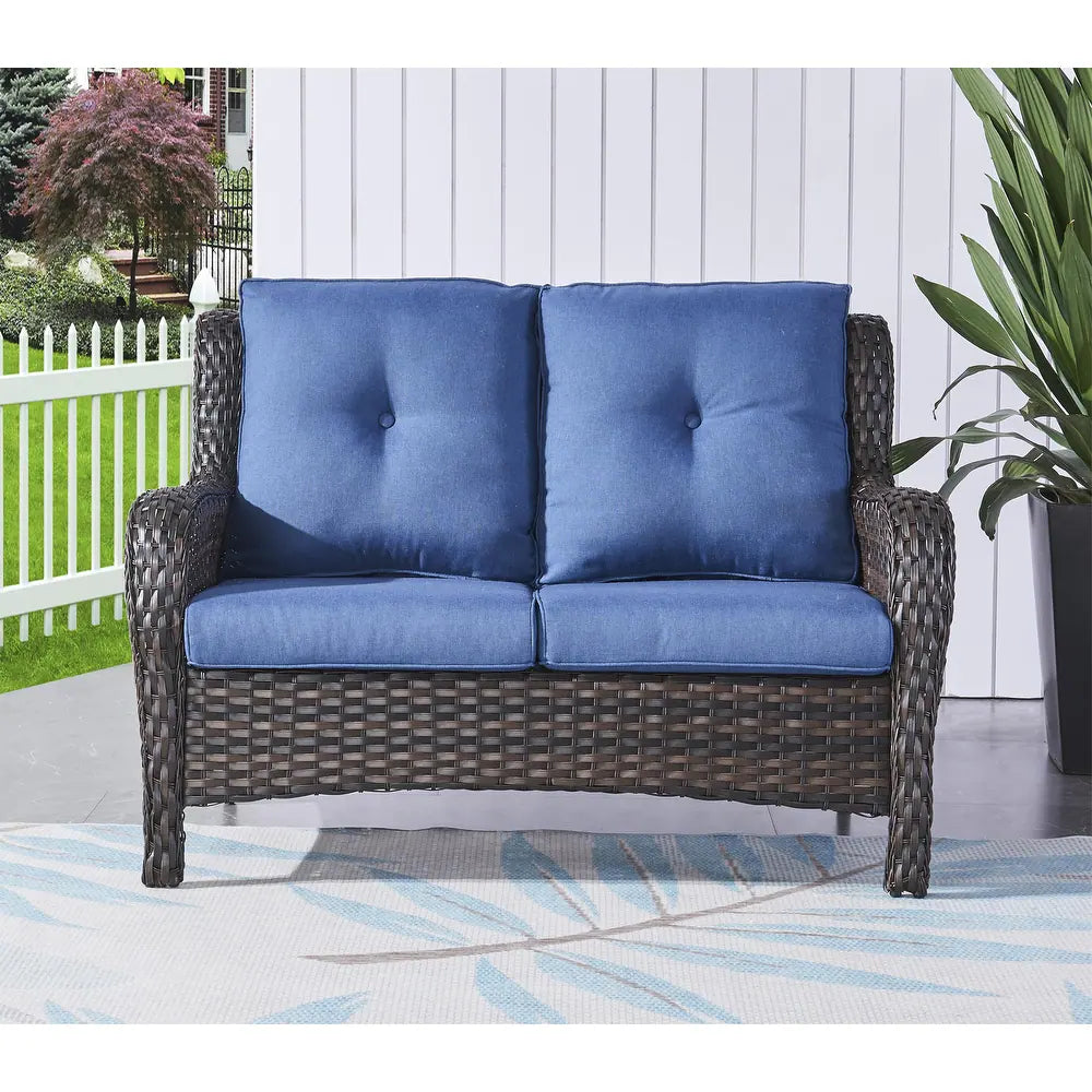 Pocassy Outdoor Patio Loveseat Sofa, Wide and Deep Seating - Brown/Blue