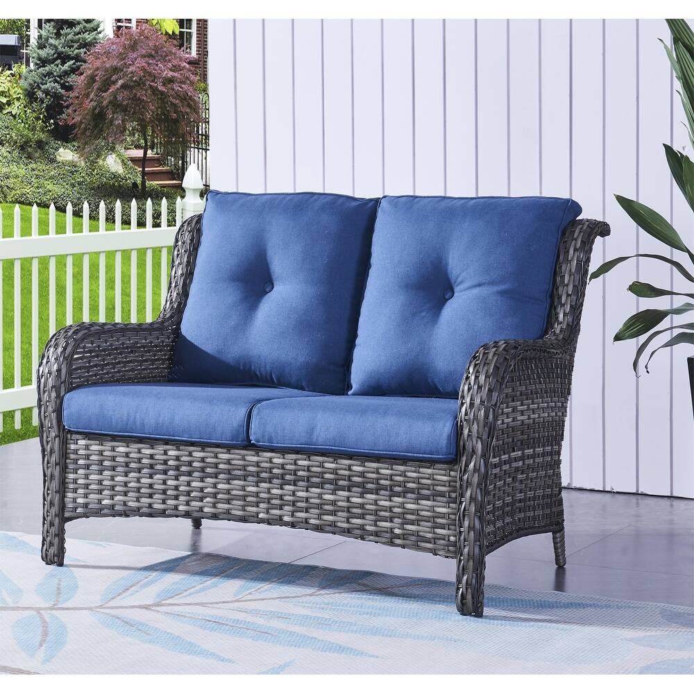 Pocassy Outdoor Patio Loveseat Sofa, Wide and Deep Seating Brown/Blu