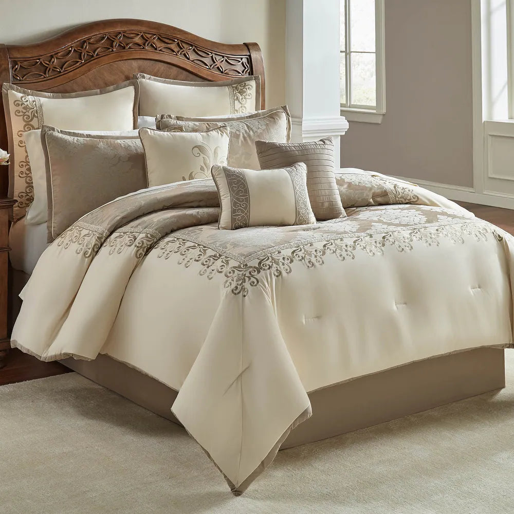 10 Piece Comforter Set - Ivory/Gold - Queen