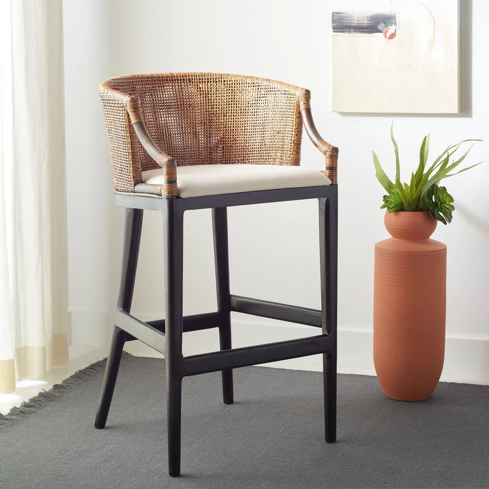 Brando Rattan 30-inch Bar Stool - Natural Wash/Black Legs/White Cushion