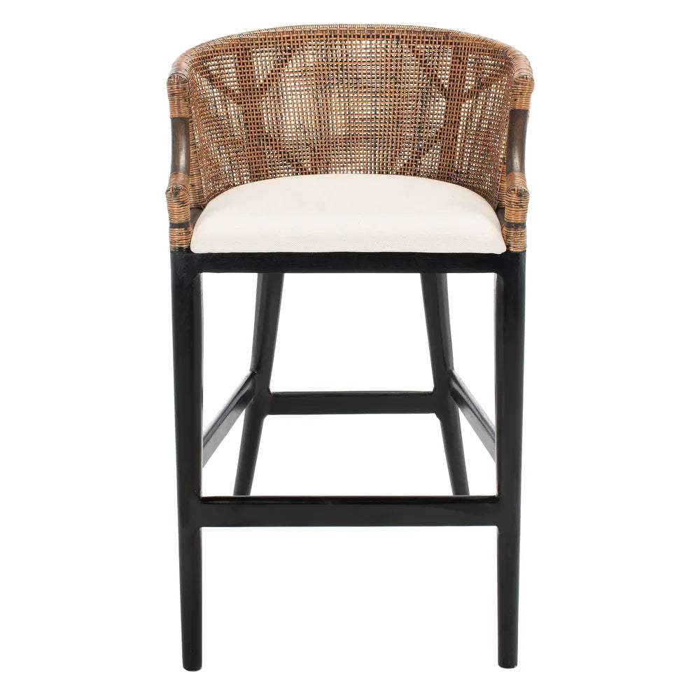 Brando Rattan 30-inch Bar Stool - Natural Wash/Black Legs/White Cushion
