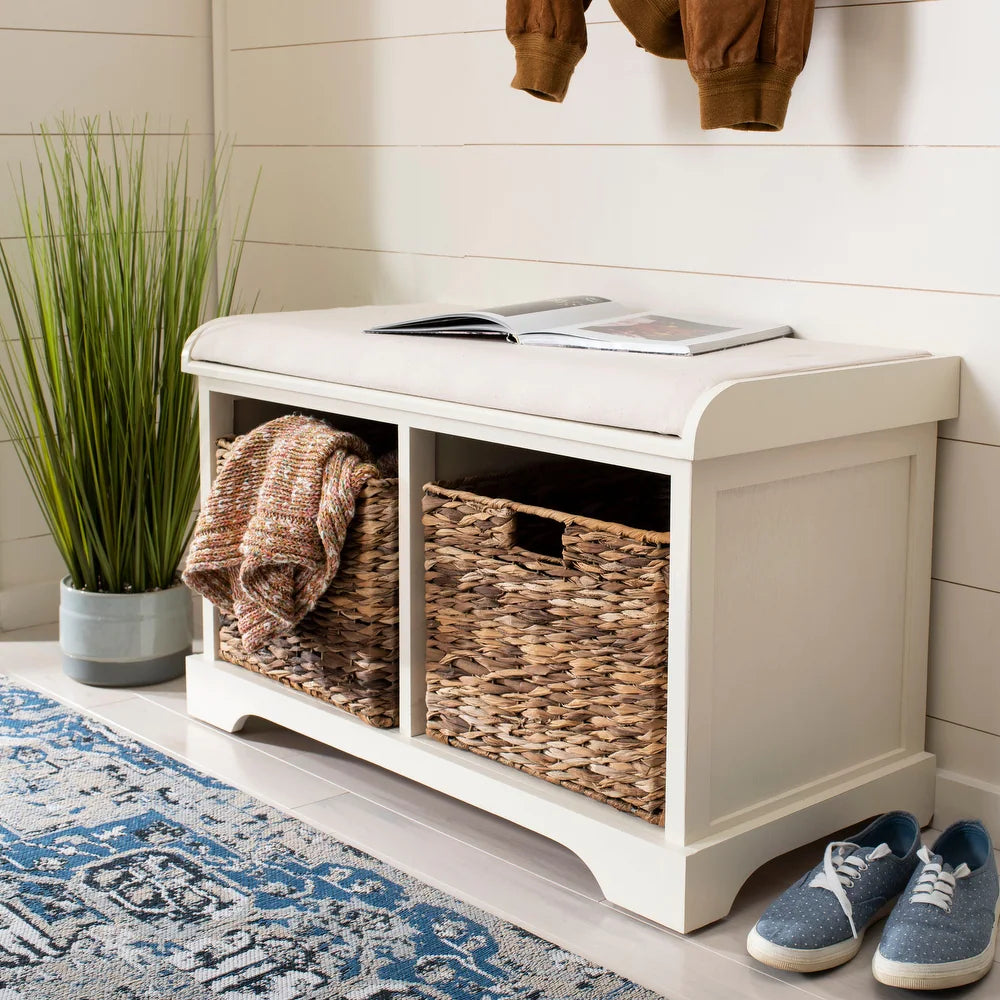 Freddy Distressed White Wicker Storage Bench