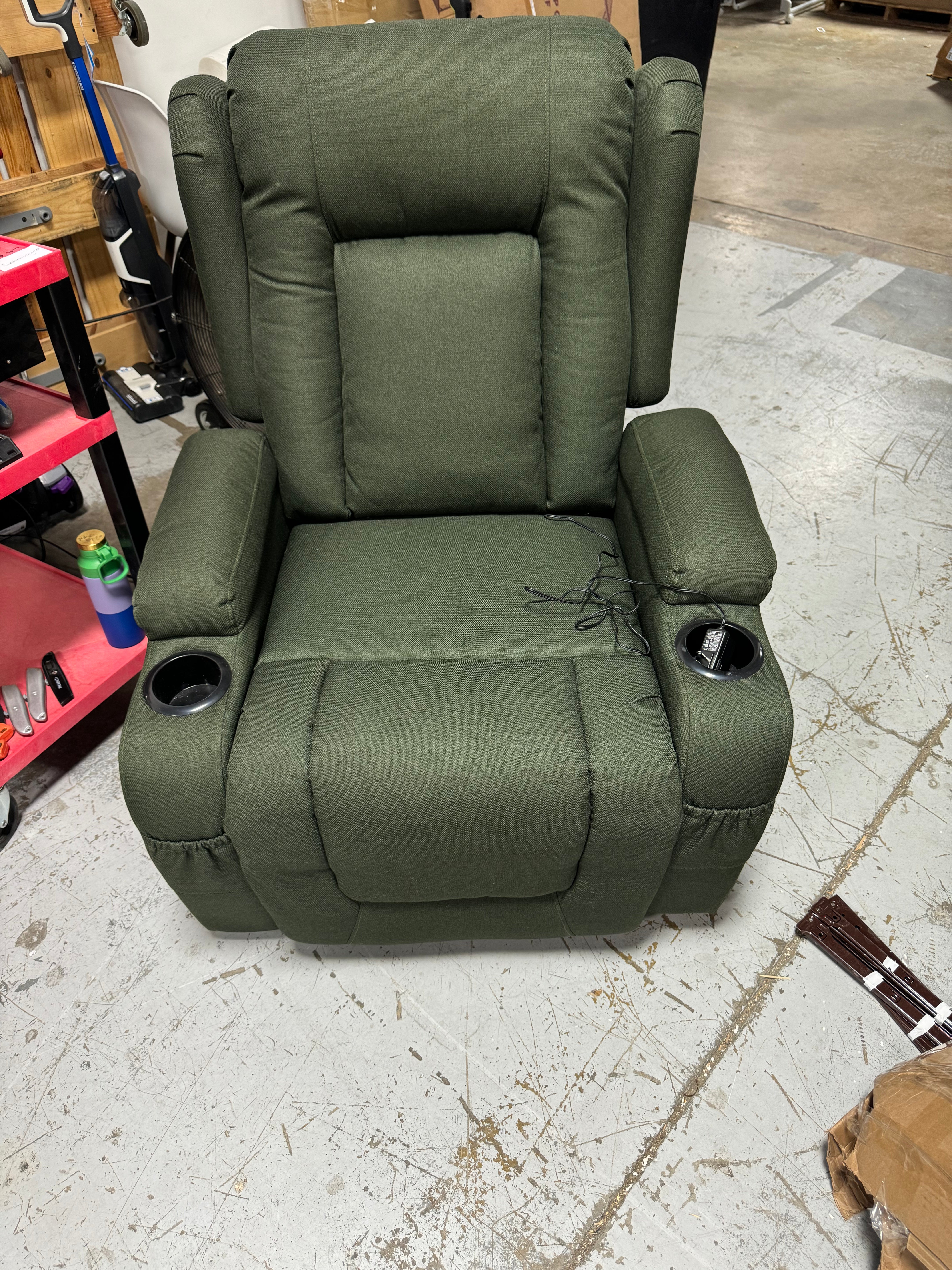 Modern Linen Electric Power Lift Chair, Recliner Massage Chair, Adjustable Furniture for Back, Legs w/ 3 Positions, USB Port, Heat, Cupholders, Easy-to-Reach Button - Olive
