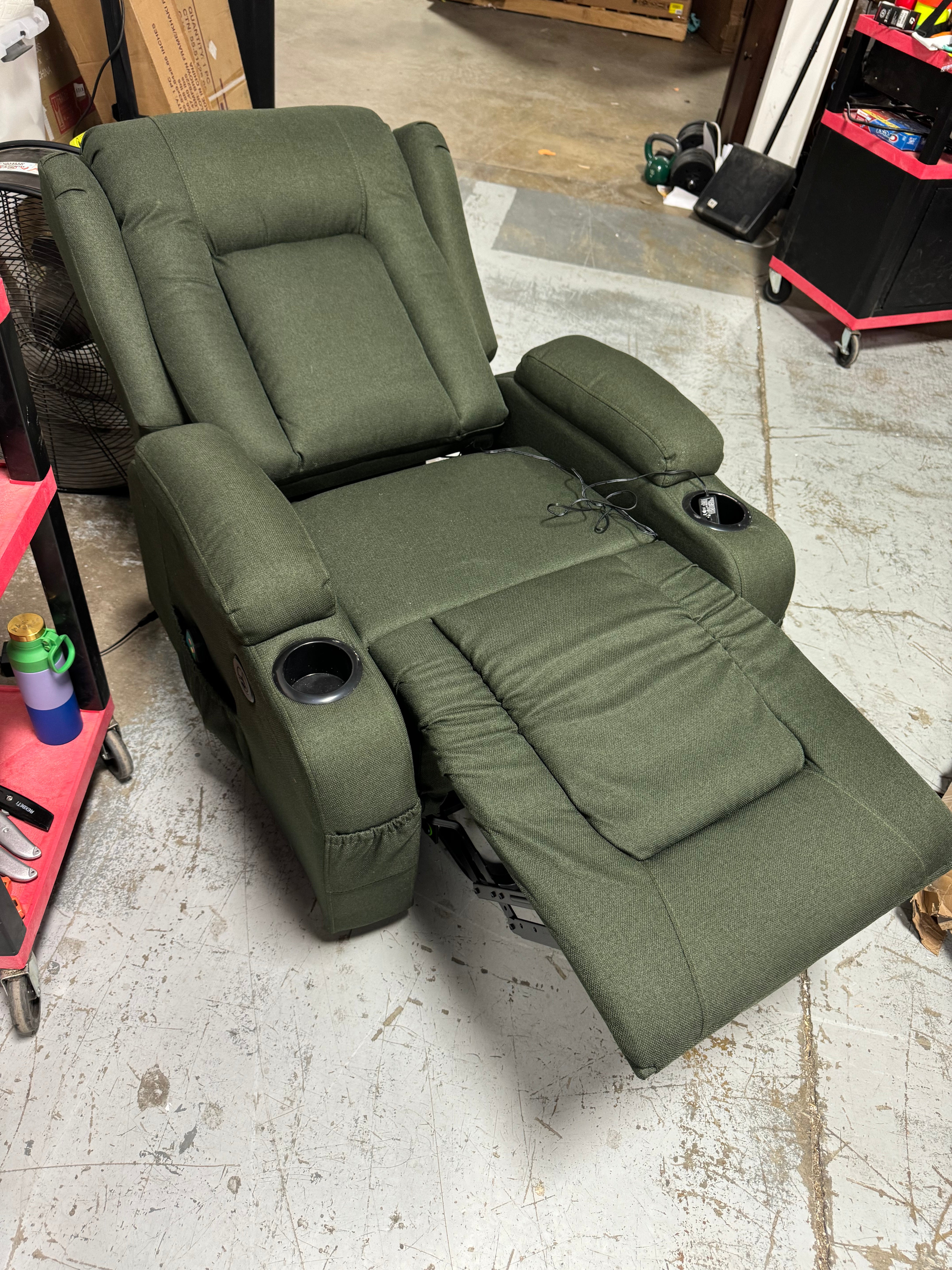 Modern Linen Electric Power Lift Chair, Recliner Massage Chair, Adjustable Furniture for Back, Legs w/ 3 Positions, USB Port, Heat, Cupholders, Easy-to-Reach Button - Olive