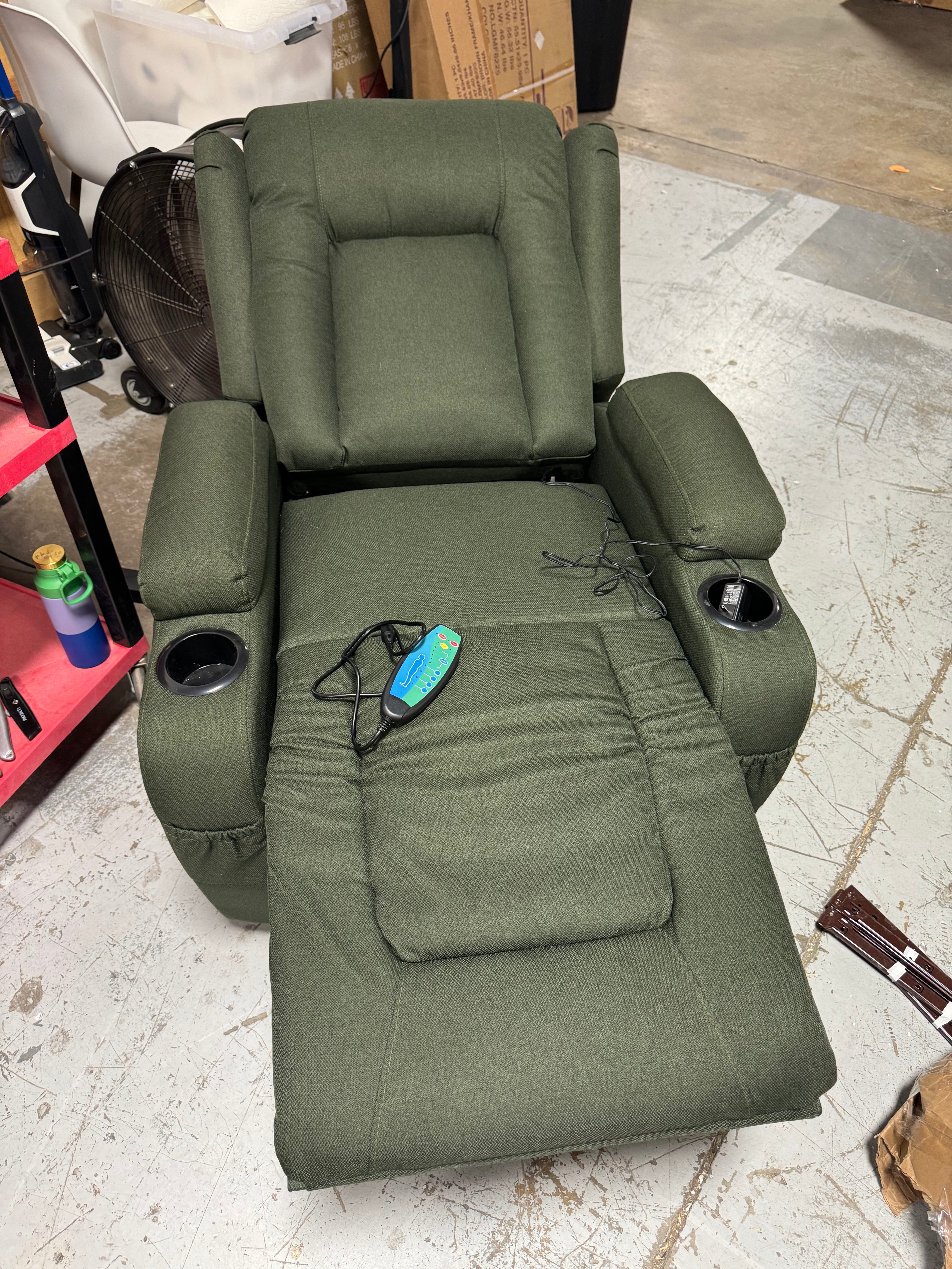 Modern Linen Electric Power Lift Chair, Recliner Massage Chair, Adjustable Furniture for Back, Legs w/ 3 Positions, USB Port, Heat, Cupholders, Easy-to-Reach Button - Olive