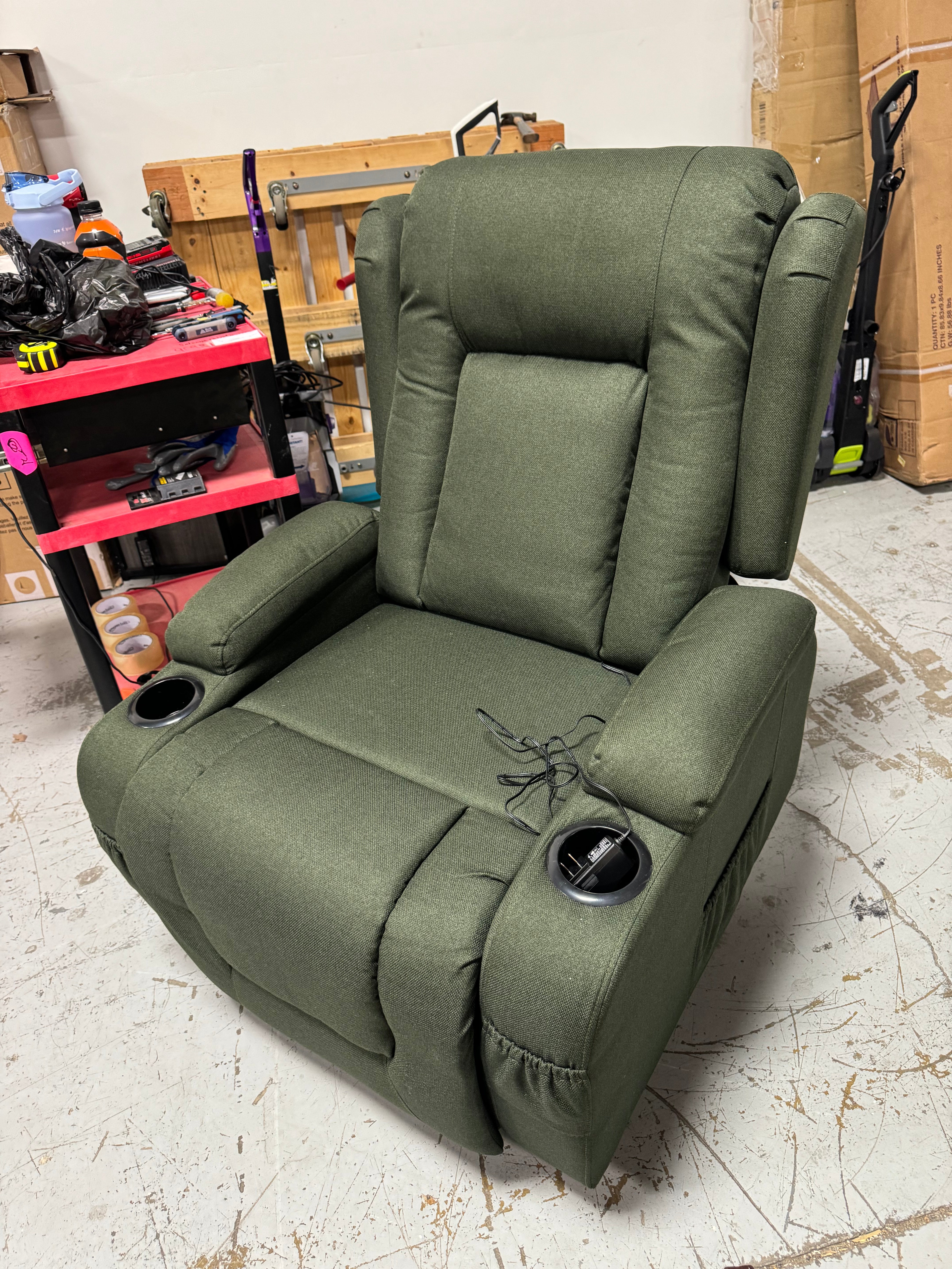 Modern Linen Electric Power Lift Chair, Recliner Massage Chair, Adjustable Furniture for Back, Legs w/ 3 Positions, USB Port, Heat, Cupholders, Easy-to-Reach Button - Olive