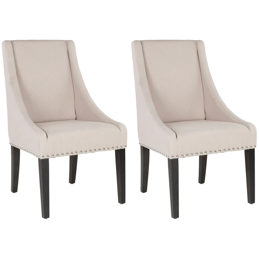 Dining Sloping Arm Beige Linen Nailhead Dining Chairs (Set of 2)