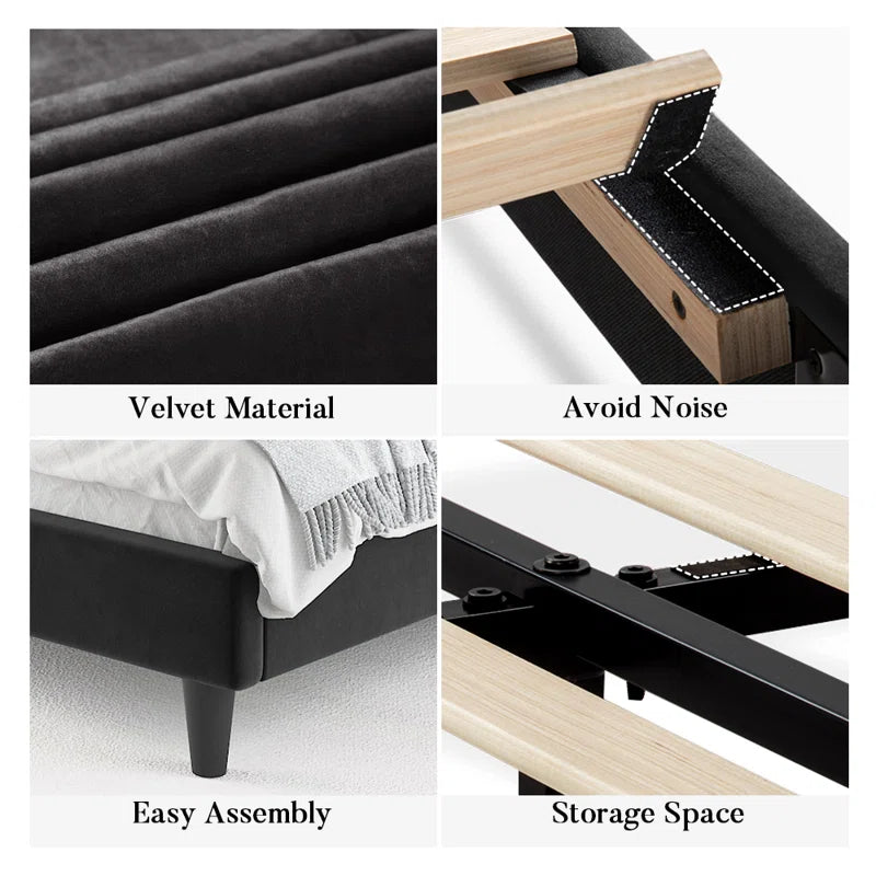 King Black Sameko Plush Velvet Wingback Bed