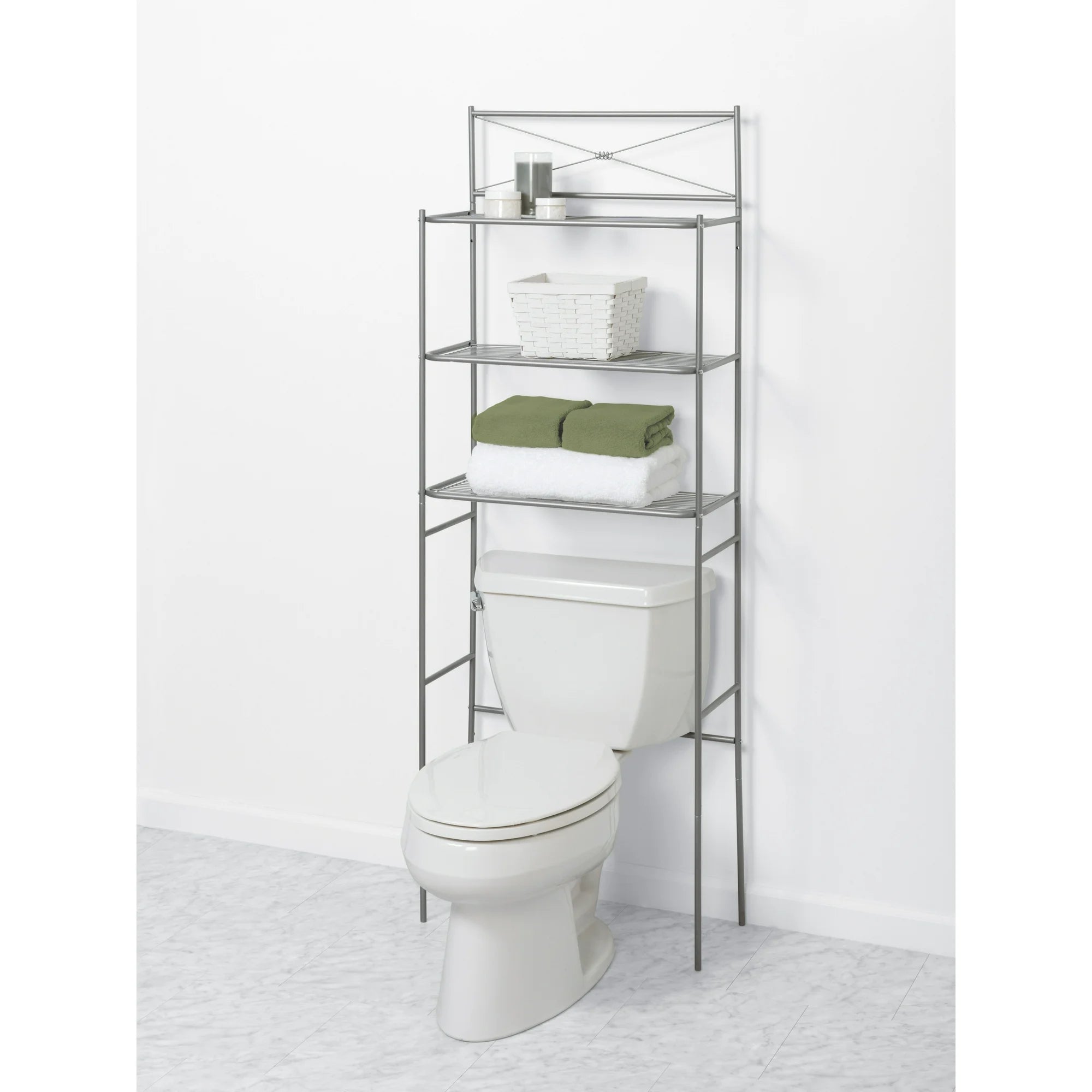 Satin Nickel Bathroom Spacesaver with 3 Shelves, Cross-Style over-the-Toilet