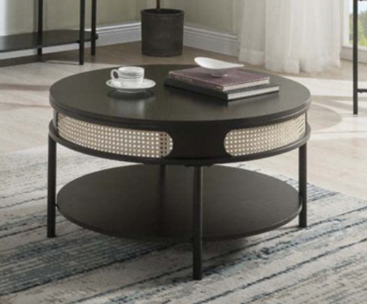 1 Open Shelf Round Coffee Table with Metal Legs, Black