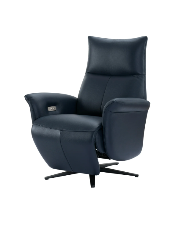 New Spec Furniture Pomego Full Top Grain Leather Power Recliner Chair In Navy Color SHOWROOM ONLY ITEM