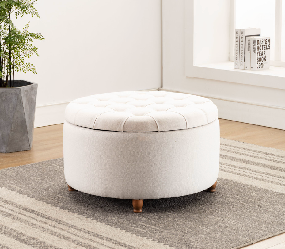 Prescott 28" Large Round Pintucked Storage Ottoman SHOWROOM ITEM