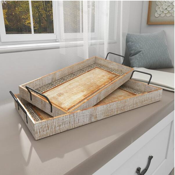 (Set of 2) Brown Wood Decorative Tray with White Wash SHOWROOM ITEM