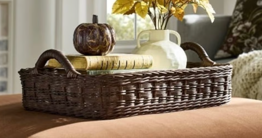 Studio McGee Rattan Decorative Tray with Leather Handles Dark Brown Threshold SHOWROOM ITEM