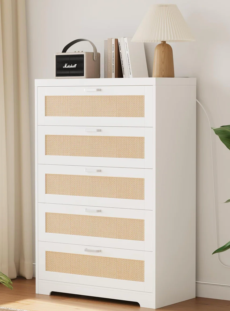 5 Drawer Rattan Dresser For Bedroom, 47.27” Tall Dresser With Power Outlets SHOWROOM ITEM