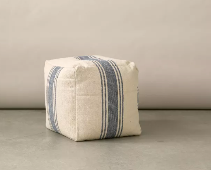 Storied Home Striped Square Canvas Pouf Blue SHOWROOM ITEM