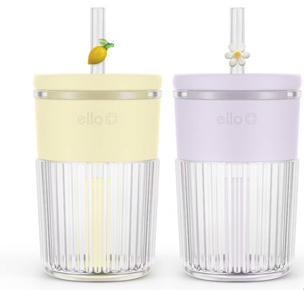 Ello Ava 2pk 12oz Charmed Glass Straw Tumbler Lemon Daisy SHOWROOM