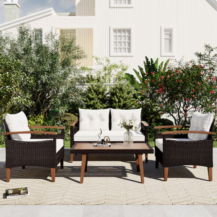 2-Pieces Rattan Patio Conversation Set with Off-white Cushions