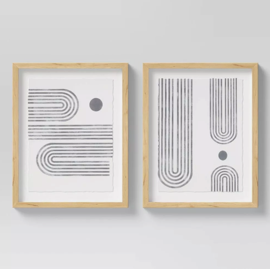 (Set of 2) Curve Lines Framed Under Glass Black