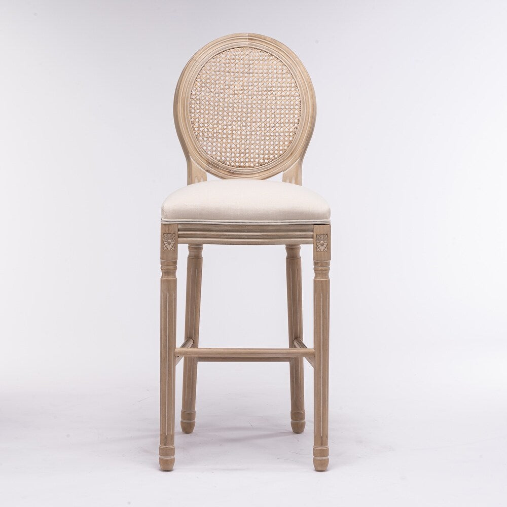 Wooden Barstools, Rattan Back Upholstered Seating Accent Chairs, French Country Style Bar Chairs Set for 2 - Cream