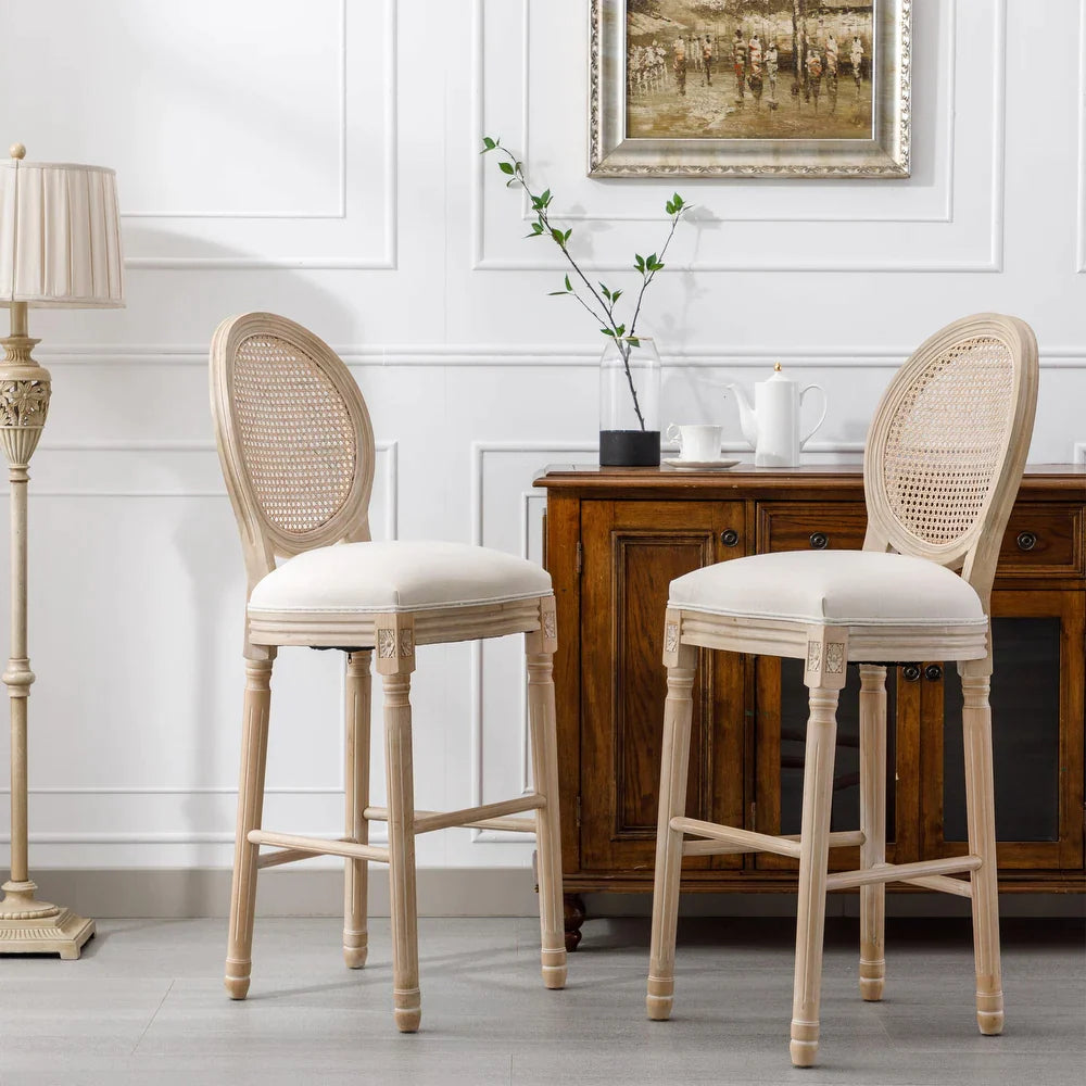 Wooden Barstools, Rattan Back Upholstered Seating Accent Chairs, French Country Style Bar Chairs Set for 2 - Cream