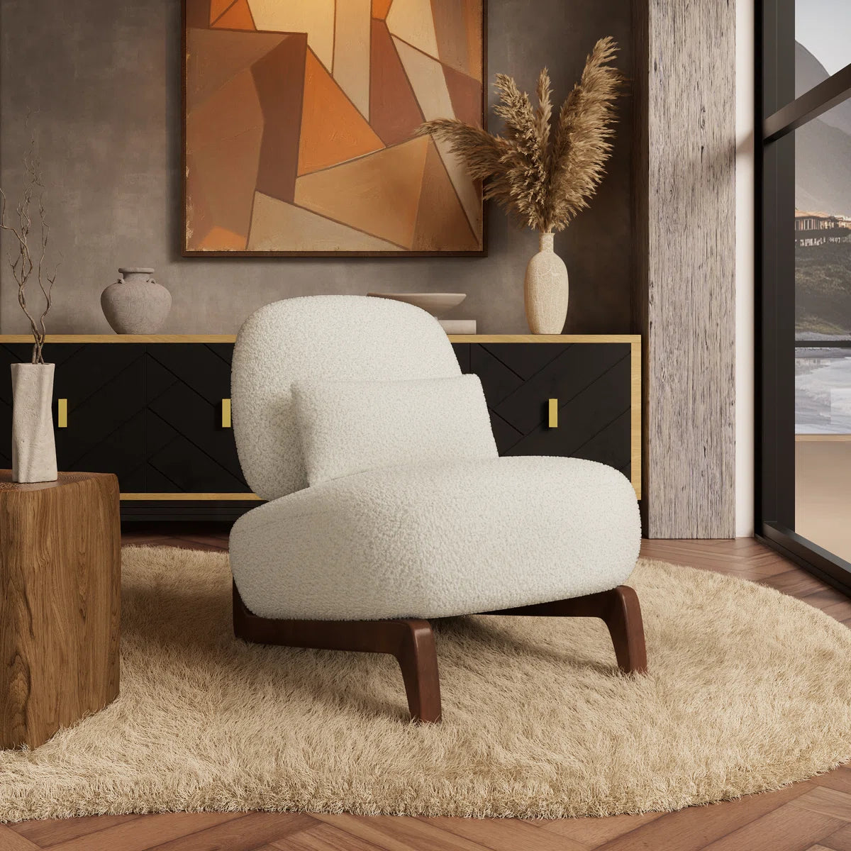 Sherpa Upholstered Accent Lounge Chair With Wood Leg SHOWROOM ITEM