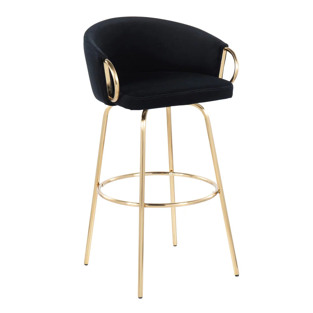 Battista Fixed-Height Gold Bar Stool with Round Gold Footrest (Set of 2) - Black Velvet/Gold