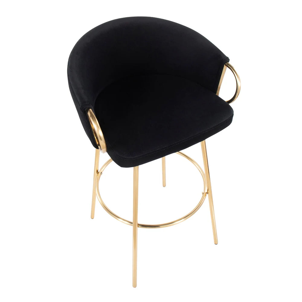 Battista Fixed-Height Gold Bar Stool with Round Gold Footrest (Set of 2) - Black Velvet/Gold