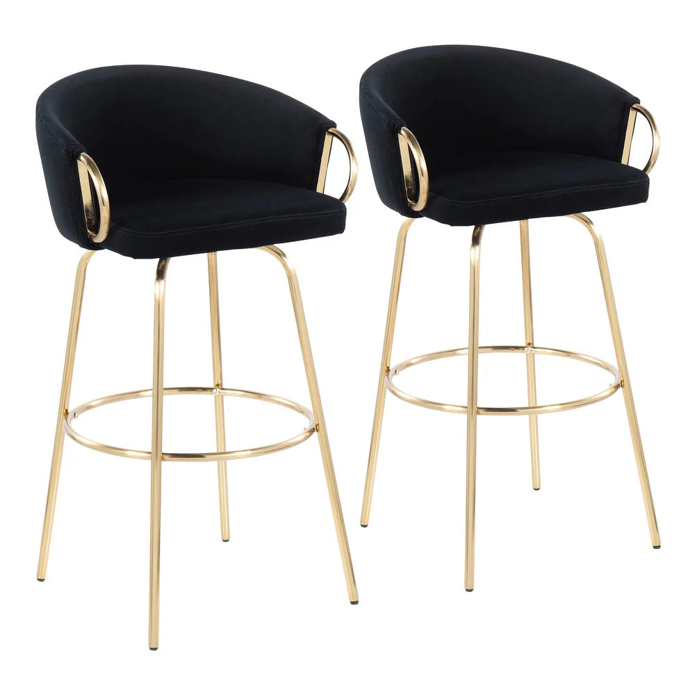 Battista Fixed-Height Gold Bar Stool with Round Gold Footrest (Set of 2) - Black Velvet/Gold