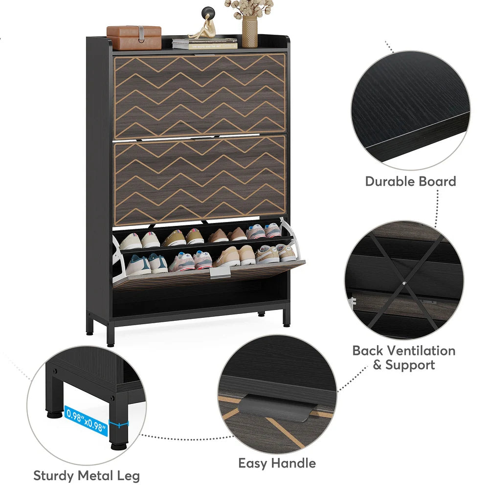 Slim Shoe Cabinet, Freestanding 24 Pair Shoe Rack Organizer - Black & Grey