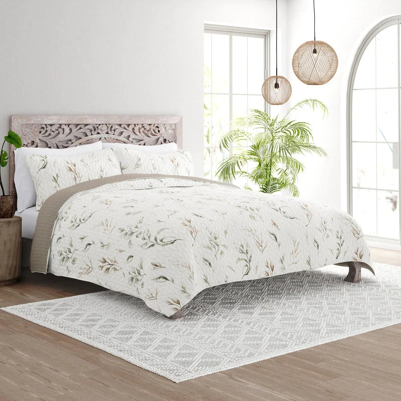 All Season 3 Piece Watercolor Leaves/Stripe Reversible Quilt Set with Shams - Latte - King - Cal King