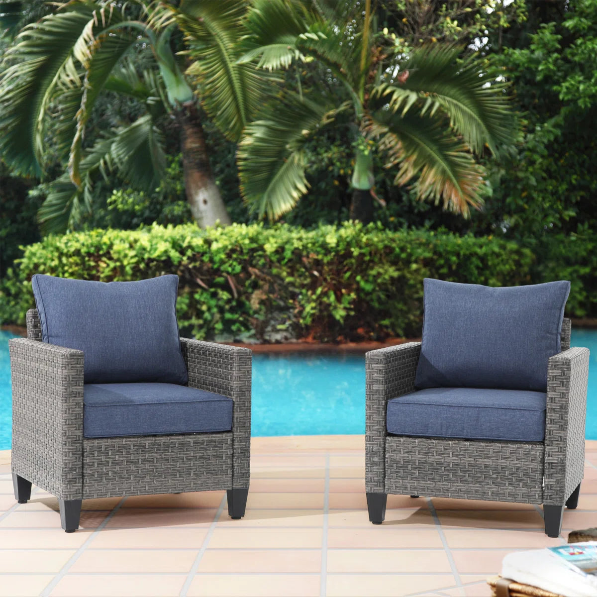 (Set of 2) All-Weather Wicker Outdoor Lounge Chairs - Navy SHOWROOM ITEM