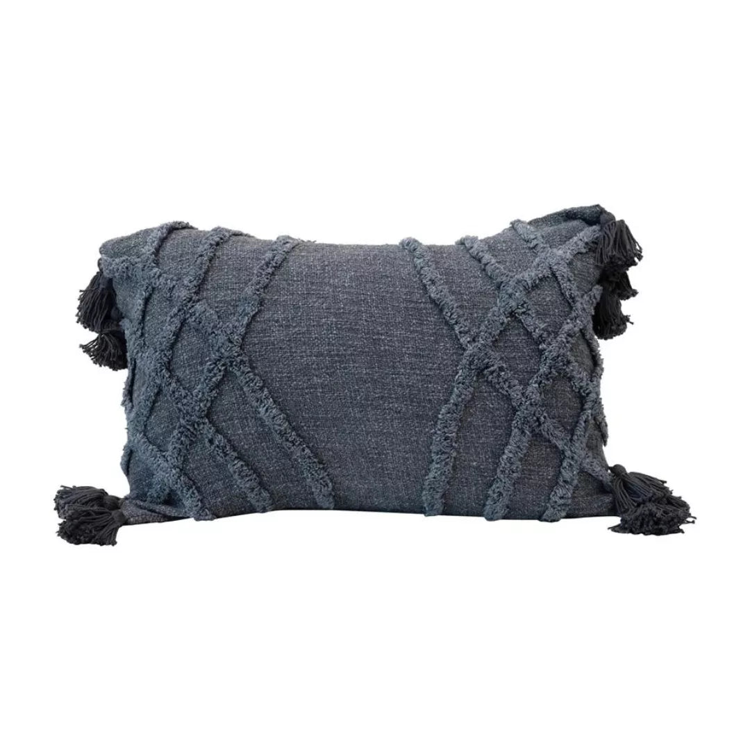 Stonewashed Cotton Pillow with Tufted Pattern & Tassels