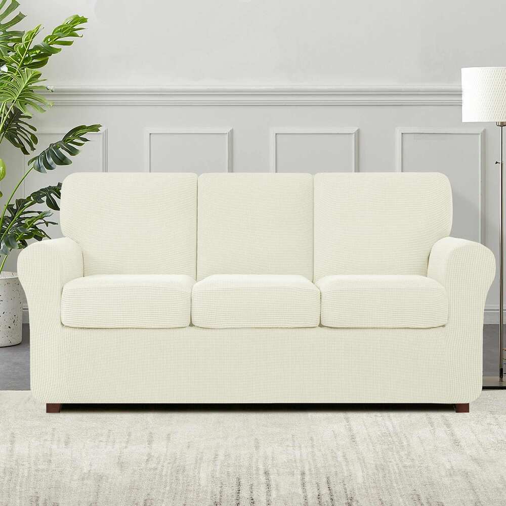 7-Piece Stretch Sofa Slipcover Sets with 3 Backrest Cushion Covers and 3 Seat Cushion Covers - Ivory