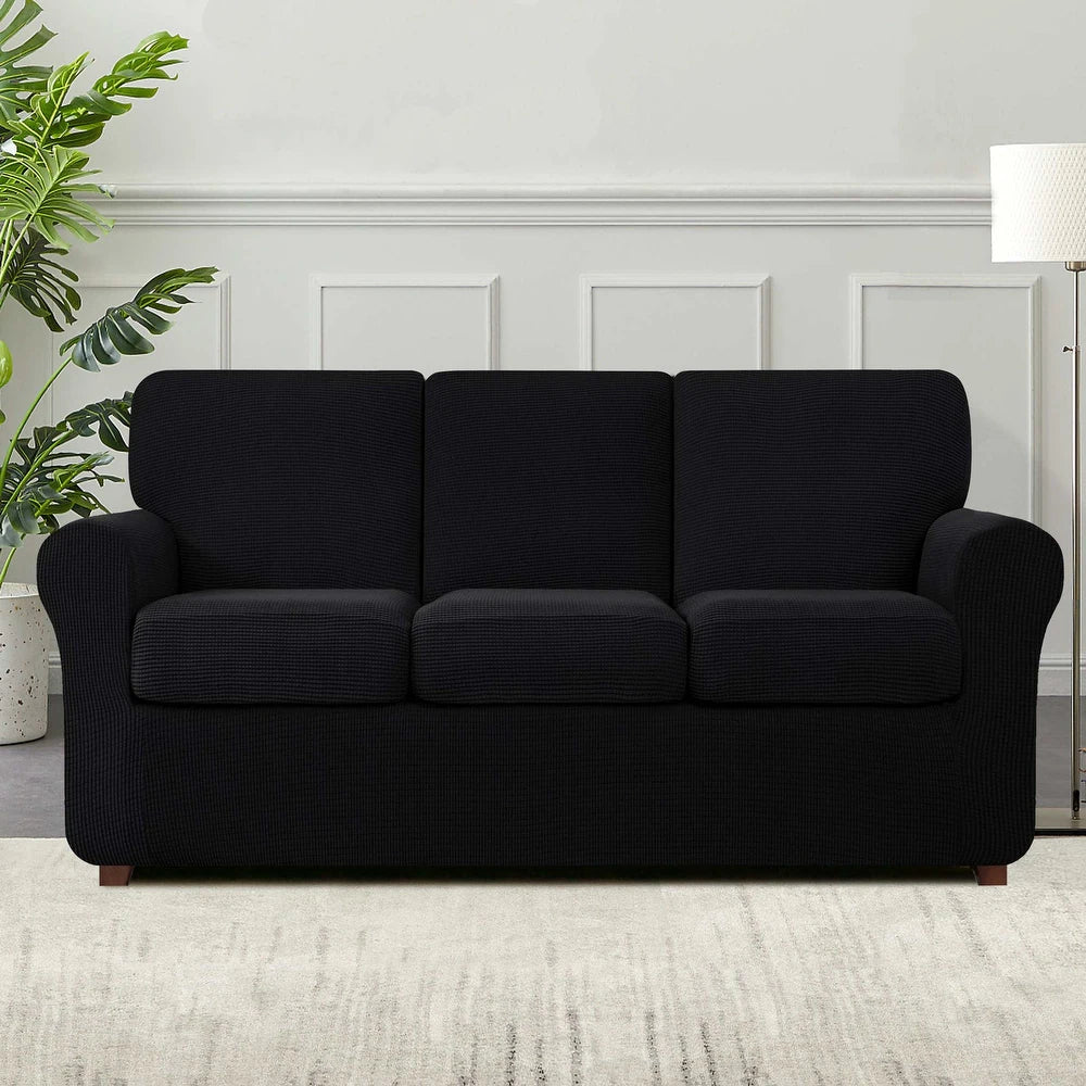 7-Piece Stretch Sofa Slipcover Sets with 3 Backrest Cushion Covers and 3 Seat Cushion Covers - Black
