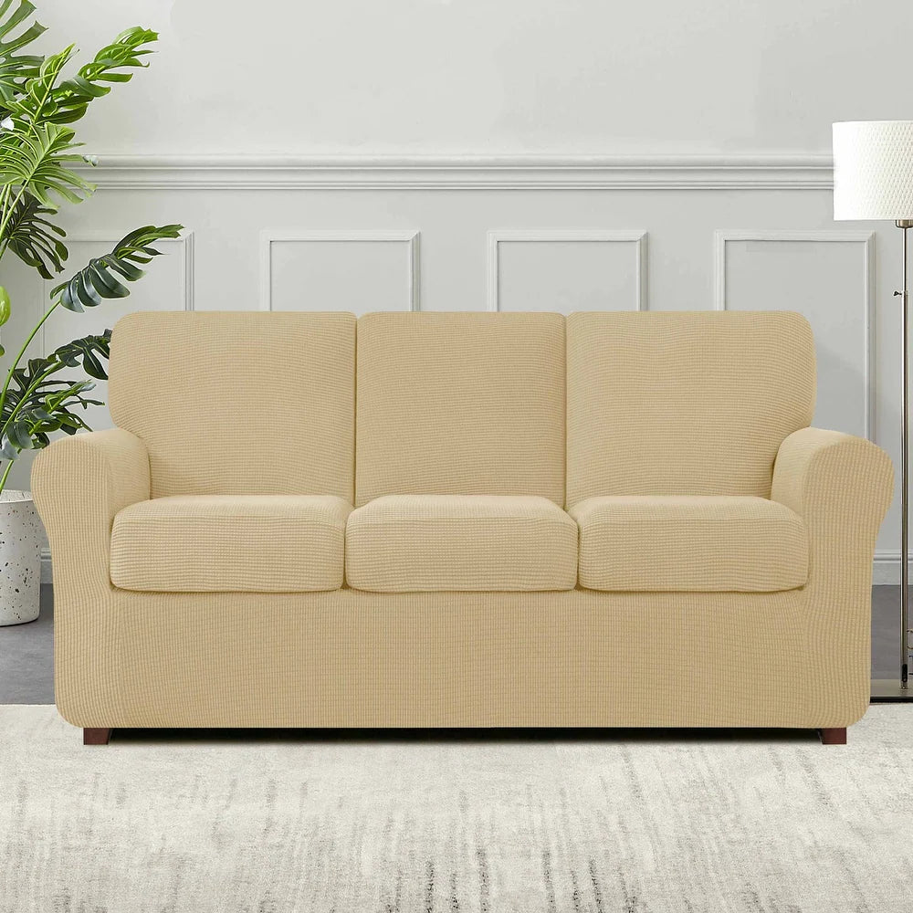 7-Piece Stretch Sofa Slipcover Sets with 3 Backrest Cushion Covers and 3 Seat Cushion Covers - Khaki
