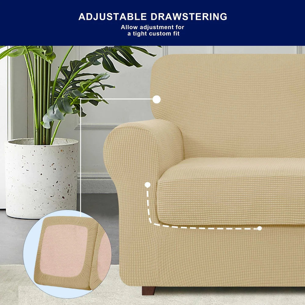 7-Piece Stretch Sofa Slipcover Sets with 3 Backrest Cushion Covers and 3 Seat Cushion Covers - Khaki