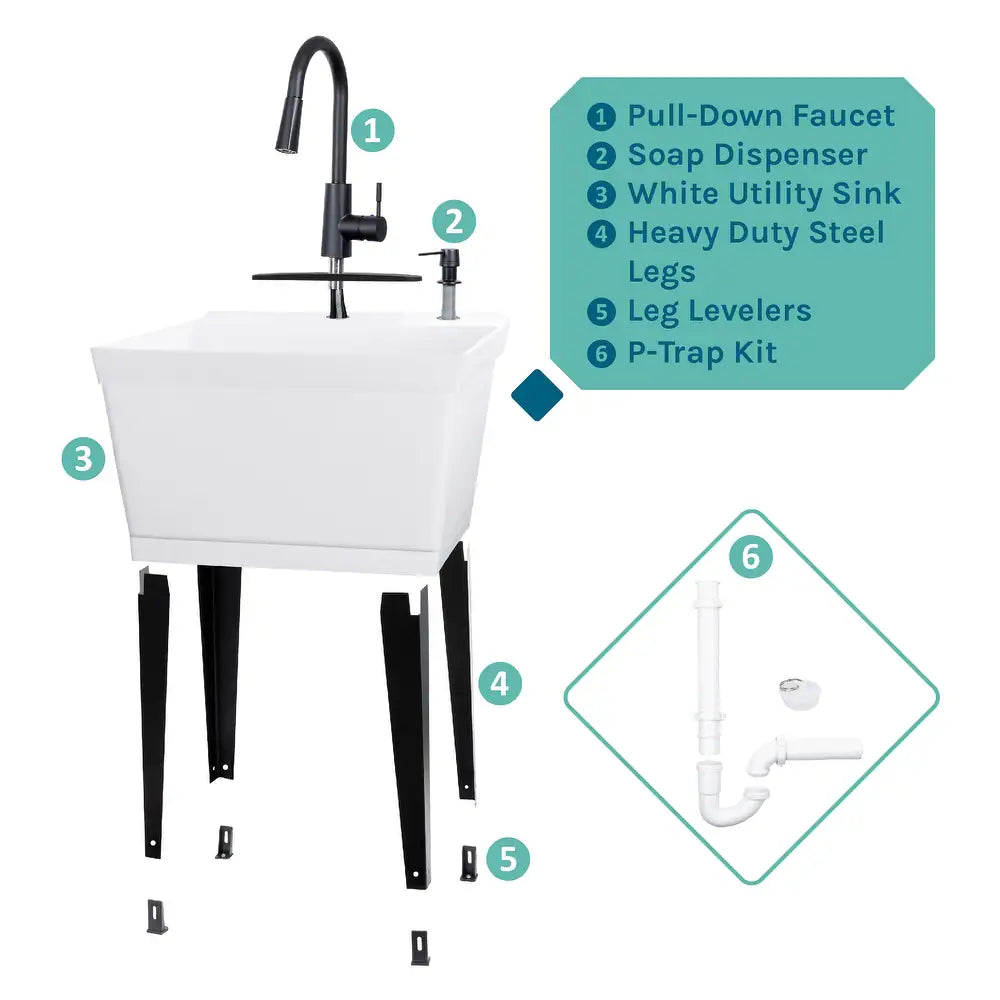 Utility Sink Laundry Tub with Black High Arc Faucet and Soap Dispenser - White